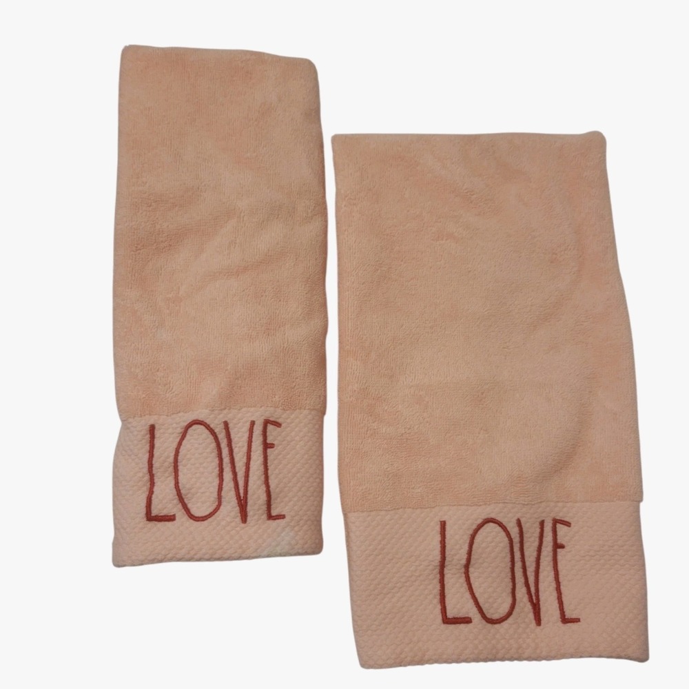 Rae Dunn Love Hand‎ Towels Valentines Day Bathroom Embroidered Pink Set of 2